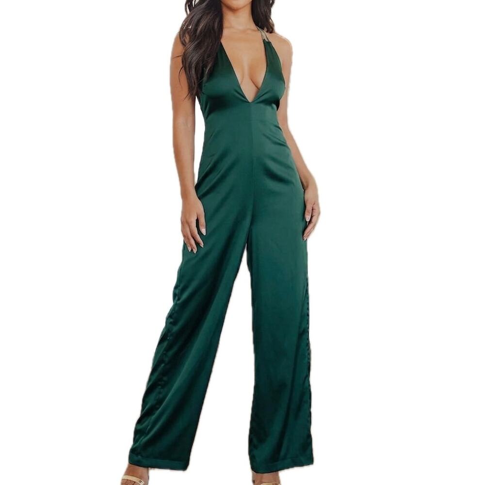 Lulus Hold That Pose Emerald Green Strappy Glam Satin Jumpsuit size XS NEW Tags